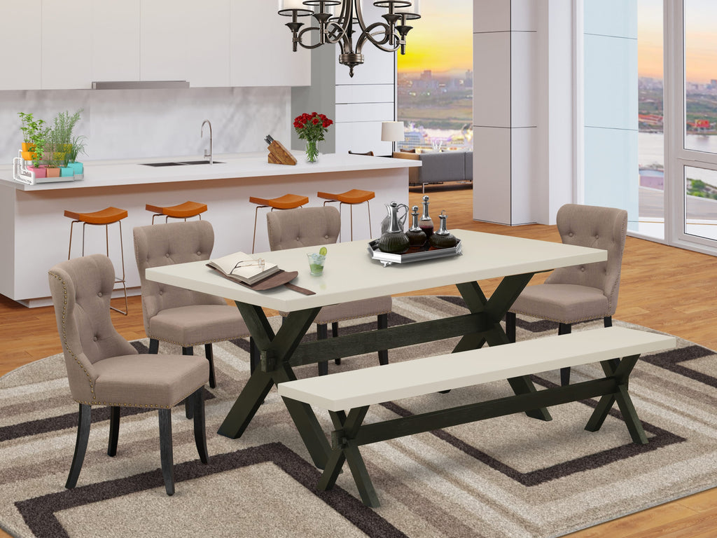 East West Furniture X627SI648-6 6 Piece Kitchen Table Set Contains a Rectangle Dining Table with X-Legs and 4 Coffee Linen Fabric Parson Chairs with a Bench, 40x72 Inch, Multi-Color
