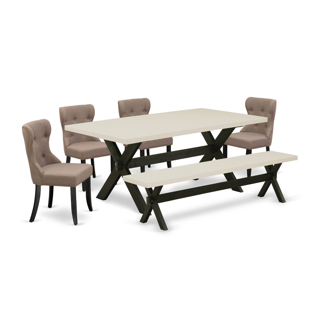 East West Furniture X627SI648-6 6 Piece Kitchen Table Set Contains a Rectangle Dining Table with X-Legs and 4 Coffee Linen Fabric Parson Chairs with a Bench, 40x72 Inch, Multi-Color