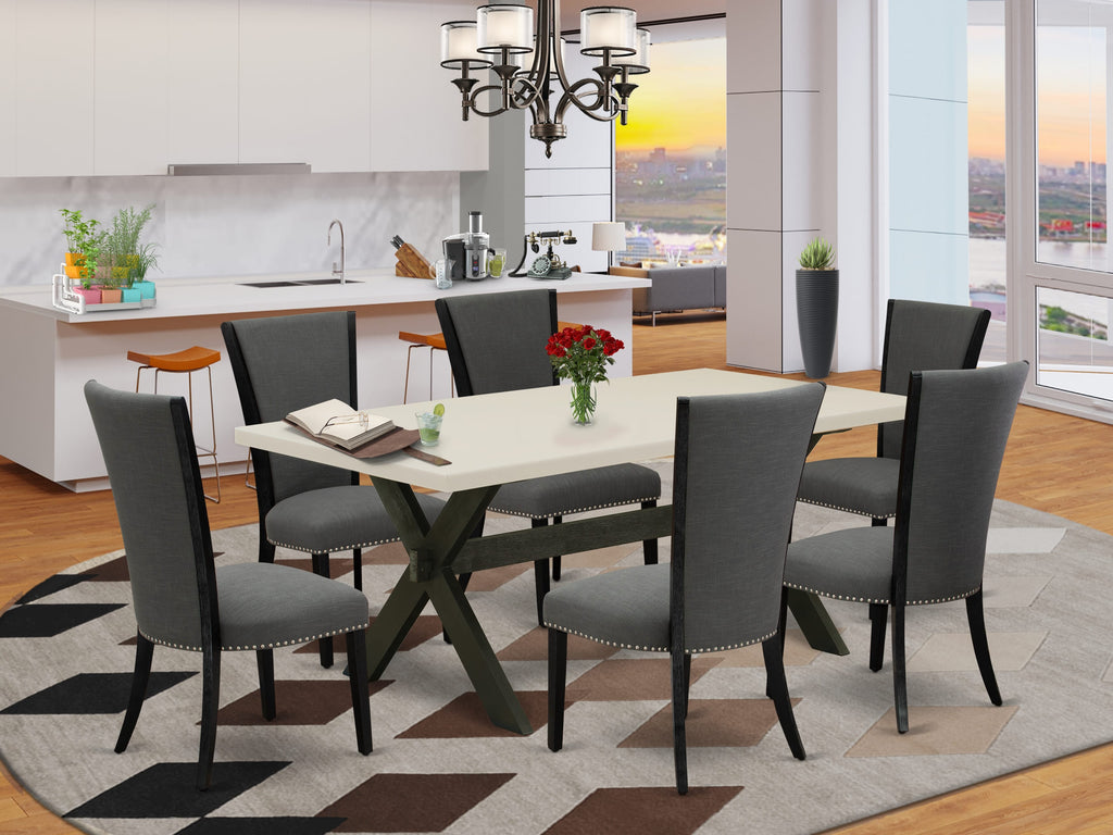 X627VE650-7 7Pc Dining Room Set - 40x72" Rectangular Table and 6 Parson Chairs - Wirebrushed Black & Linen White Color