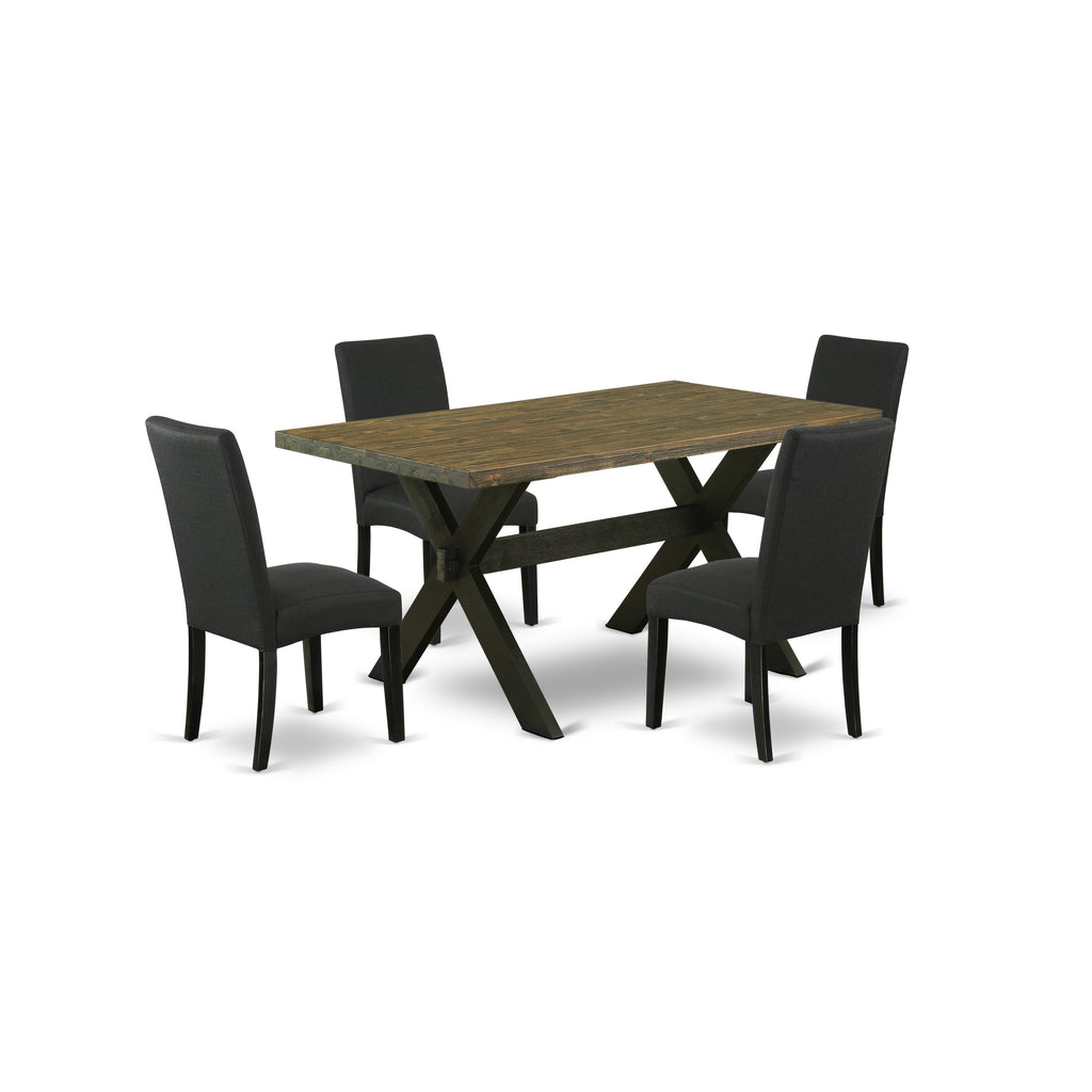 East West Furniture X676DR124-5 5 Piece Dining Room Table Set Includes a Rectangle Kitchen Table with X-Legs and 4 Black Color Linen Fabric Parson Dining Chairs, 36x60 Inch, Multi-Color
