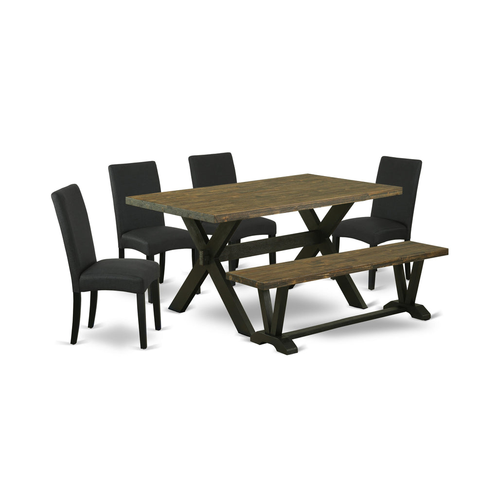 East West Furniture X676DR124-6 6 Piece Kitchen Table Set Contains a Rectangle Dining Table with X-Legs and 4 Black Color Linen Fabric Parson Chairs with a Bench, 36x60 Inch, Multi-Color