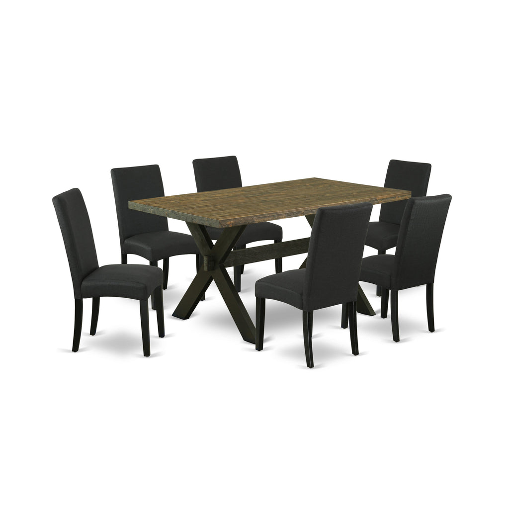 East West Furniture X676DR124-7 7 Piece Dining Set Consist of a Rectangle Dining Room Table with X-Legs and 6 Black Color Linen Fabric Upholstered Chairs, 36x60 Inch, Multi-Color