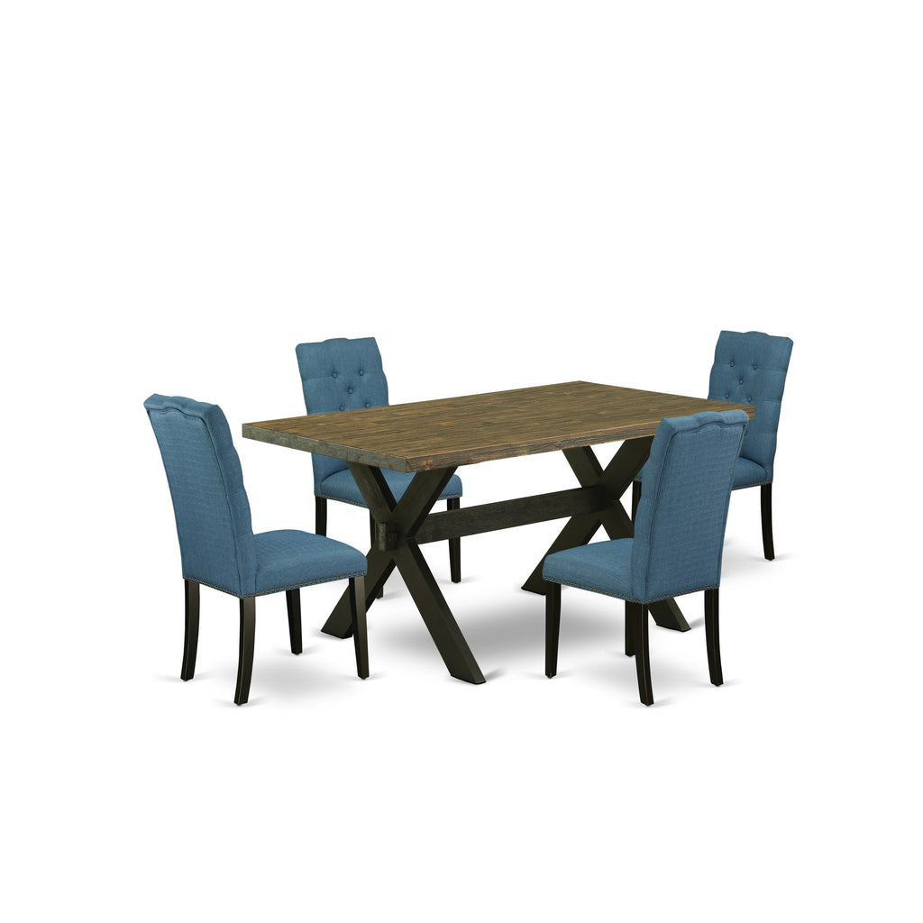 East West Furniture X676EL121-5 5 Piece Dining Room Furniture Set Includes a Rectangle Dining Table with X-Legs and 4 Blue Linen Fabric Parsons Chairs, 36x60 Inch, Multi-Color