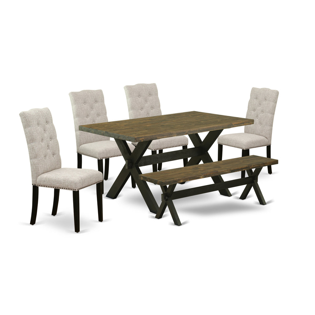 East West Furniture X676EL635-6 6 Piece Dining Room Set Contains a Rectangle Dining Table with X-Legs and 4 Doeskin Linen Fabric Parson Chairs with a Bench, 36x60 Inch, Multi-Color