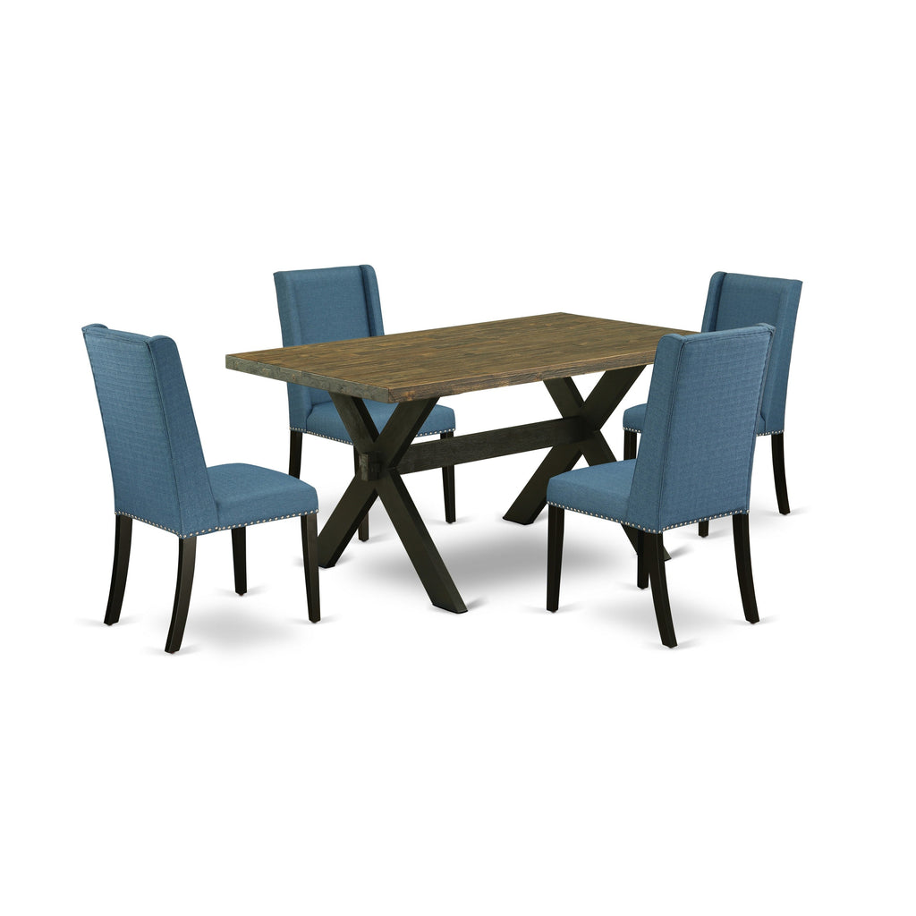 East West Furniture X676FL121-5 5 Piece Dining Room Table Set Includes a Rectangle Kitchen Table with X-Legs and 4 Blue Linen Fabric Parson Dining Chairs, 36x60 Inch, Multi-Color
