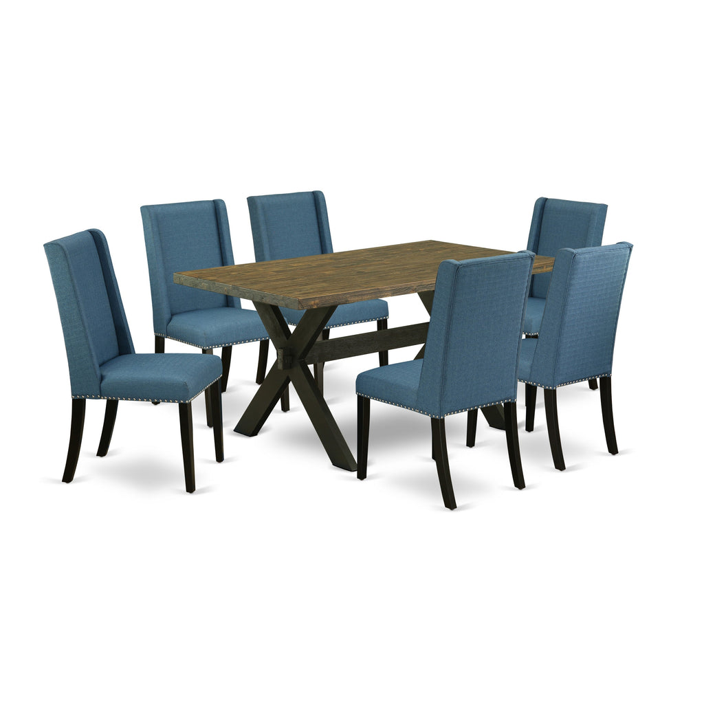East West Furniture X676FL121-7 7 Piece Dining Room Furniture Set Consist of a Rectangle Dining Table with X-Legs and 6 Blue Linen Fabric Upholstered Chairs, 36x60 Inch, Multi-Color