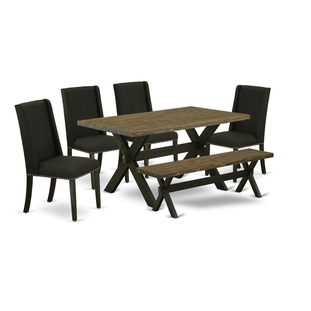 East West Furniture X676FL624-6 6 Piece Dinette Set Contains a Rectangle Dining Table with X-Legs and 4 Black Linen Fabric Parson Chairs with a Bench, 36x60 Inch, Multi-Color
