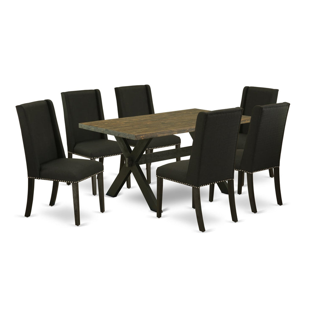 East West Furniture X676FL624-7 7 Piece Dining Table Set Consist of a Rectangle Kitchen Table with X-Legs and 6 Black Linen Fabric Parson Dining Room Chairs, 36x60 Inch, Multi-Color