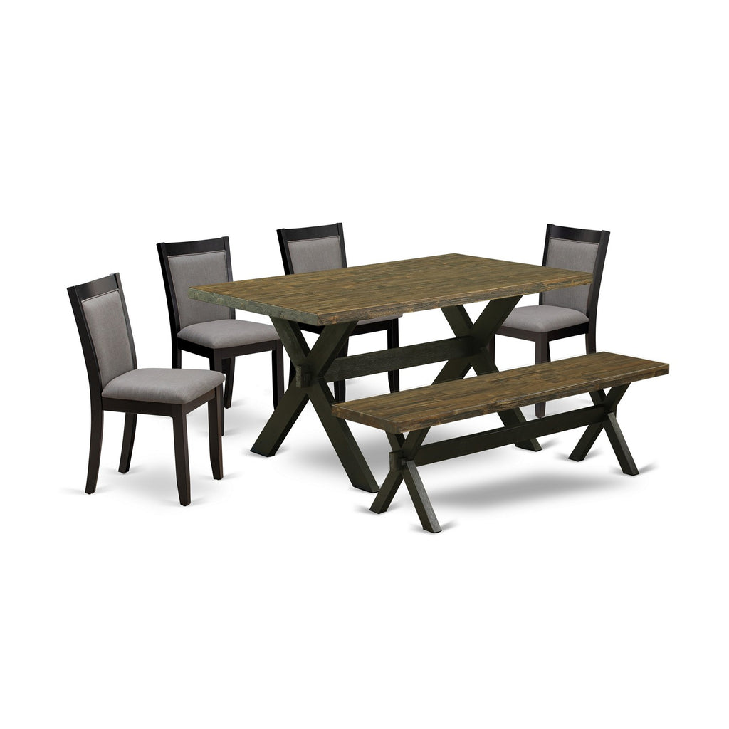 X676MZ150-6 6Pc Kitchen Set - 36x60" Rectangular Table, 4 Parson Chairs and a Bench - Wirebrushed Black & Distressed Jacobean Color