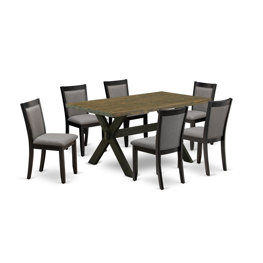 X676MZ150-7 7Pc Dining Set - 36x60" Rectangular Table and 6 Parson Chairs - Wirebrushed Black & Distressed Jacobean Color