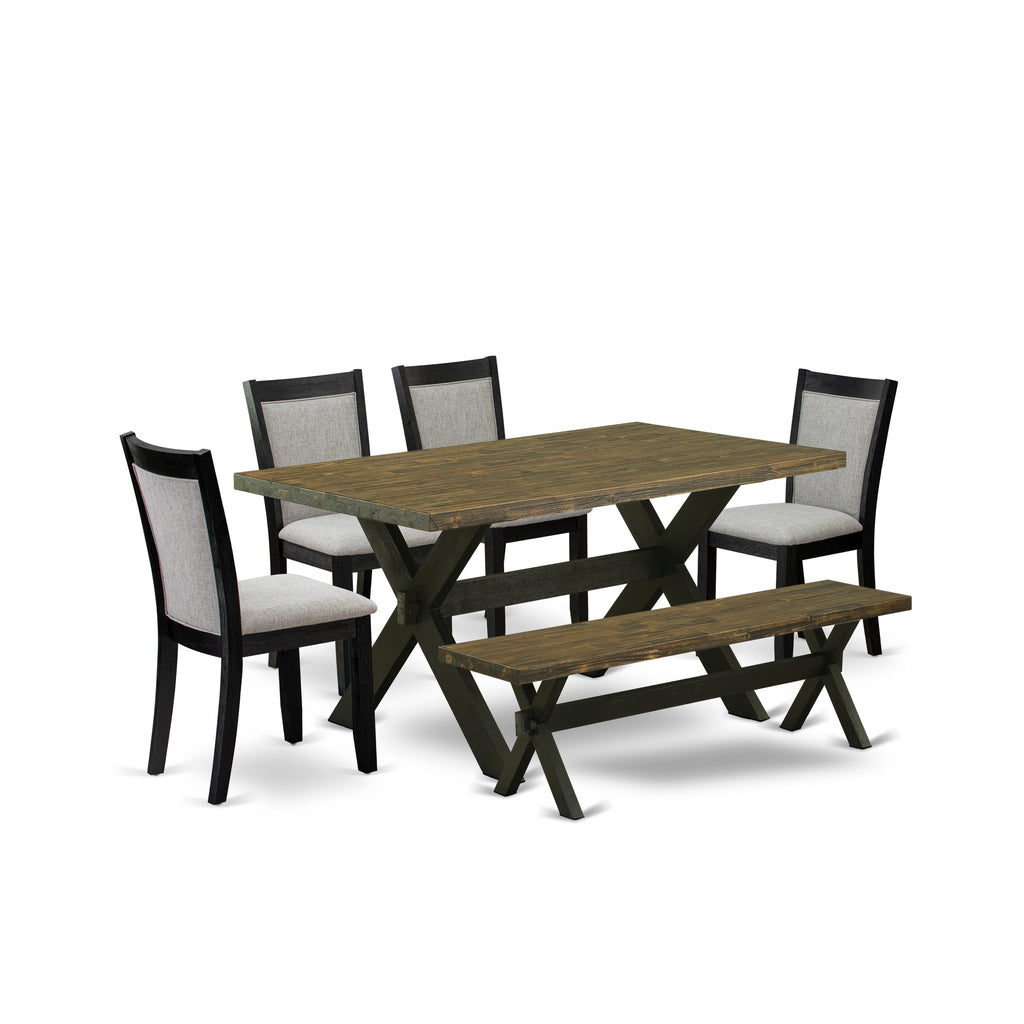 East West Furniture X676MZ606-6 6 Piece Dining Set Contains a Rectangle Dining Room Table with X-Legs and 4 Shitake Linen Fabric Parson Chairs with a Bench, 36x60 Inch, Multi-Color