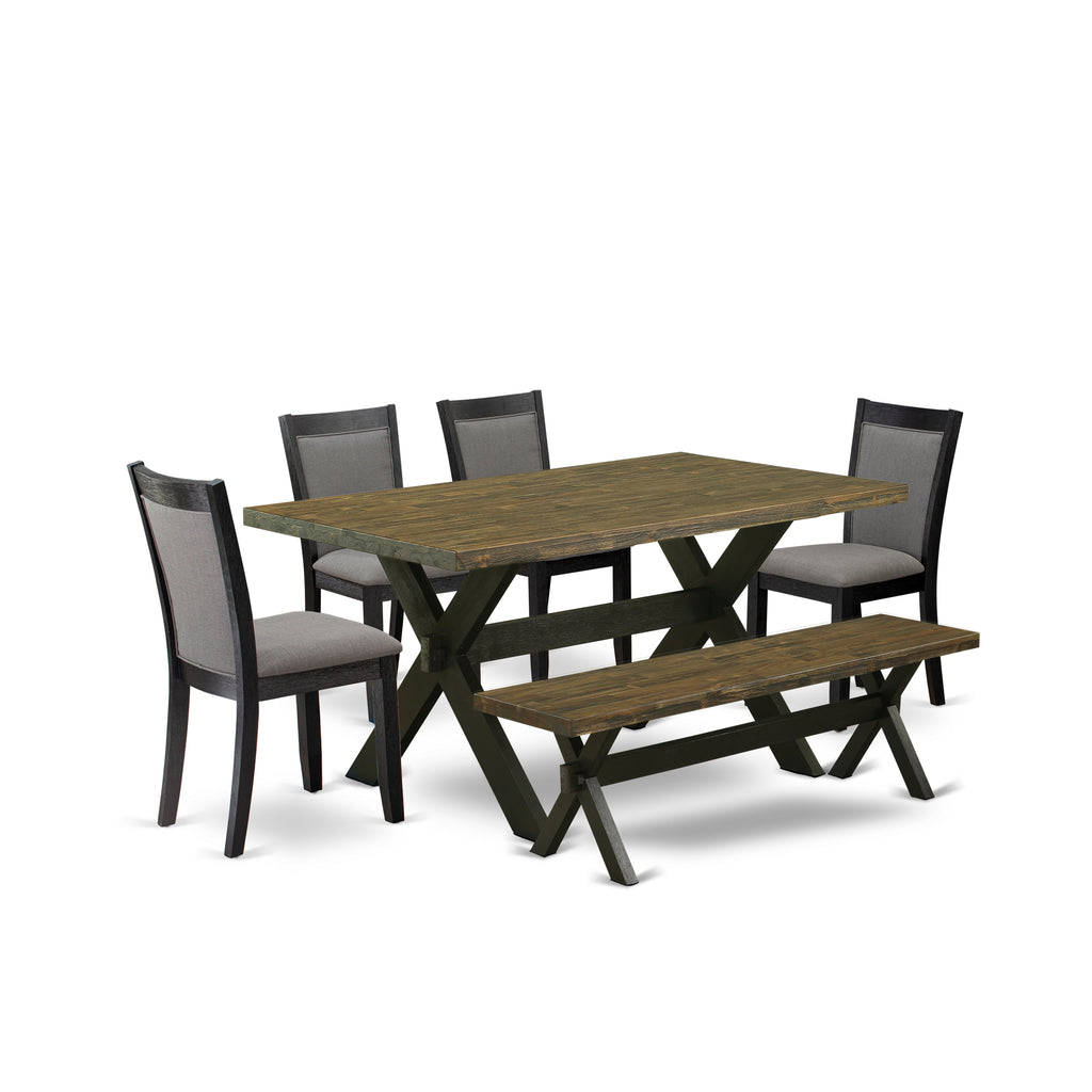 East West Furniture X676MZ650-6 6 Piece Dining Set Contains a Rectangle Dining Room Table with X-Legs and 4 Dark Gotham Grey Linen Fabric Parson Chairs with a Bench, 36x60 Inch, Multi-Color