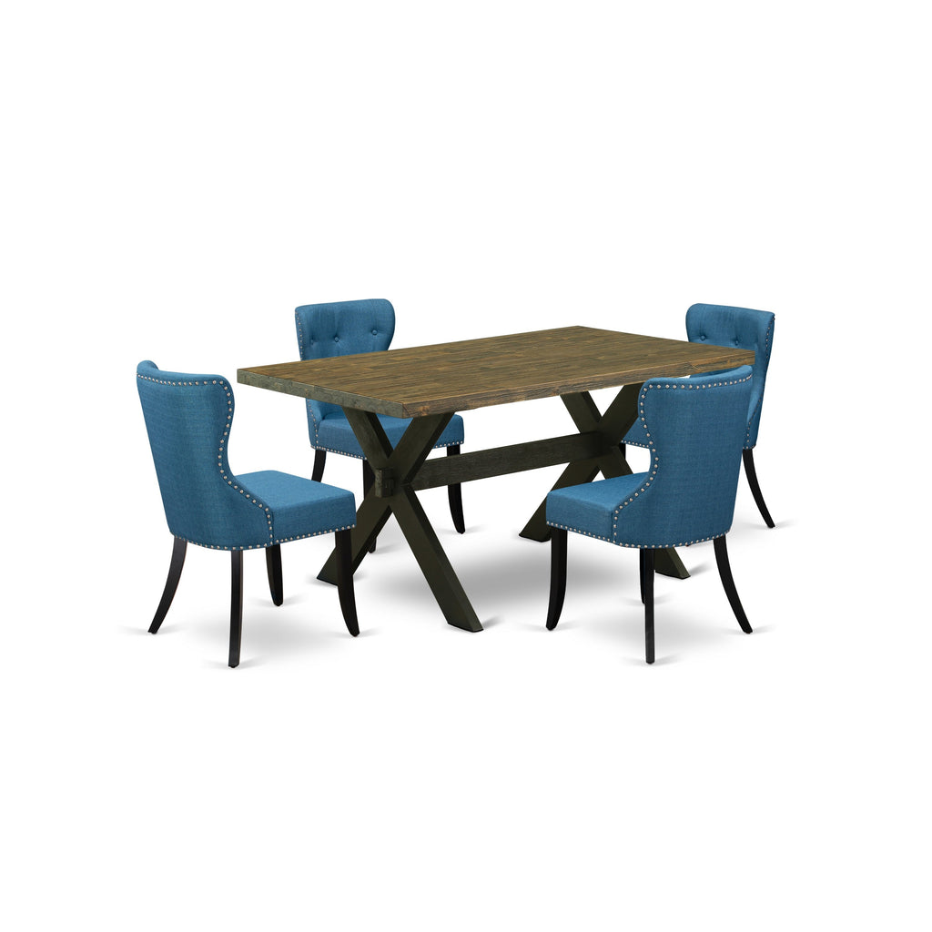 East West Furniture X676SI121-5 5 Piece Dining Room Furniture Set Includes a Rectangle Dining Table with X-Legs and 4 Blue Linen Fabric Upholstered Chairs, 36x60 Inch, Multi-Color