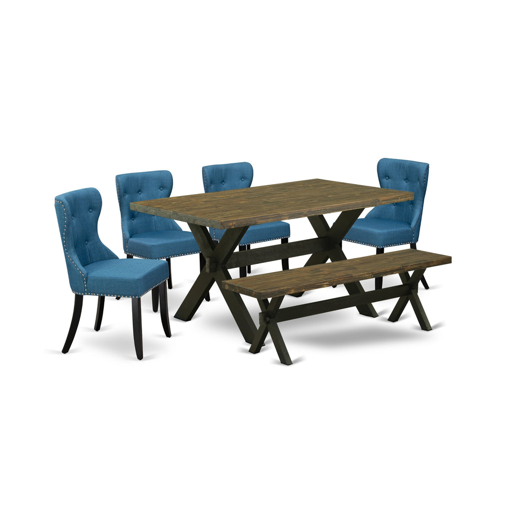 East West Furniture X676SI121-6 6 Piece Dining Table Set Contains a Rectangle Wooden Table with X-Legs and 4 Blue Linen Fabric Upholstered Chairs with a Bench, 36x60 Inch, Multi-Color