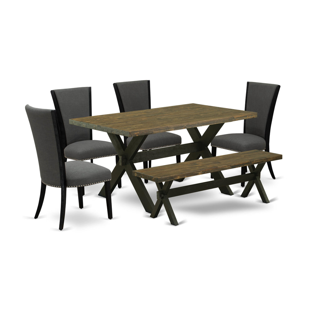 East West Furniture X676VE650-6 6 Piece Dining Set Contains a Rectangle Dining Room Table with X-Legs and 4 Dark Gotham Linen Fabric Parson Chairs with a Bench, 36x60 Inch, Multi-Color