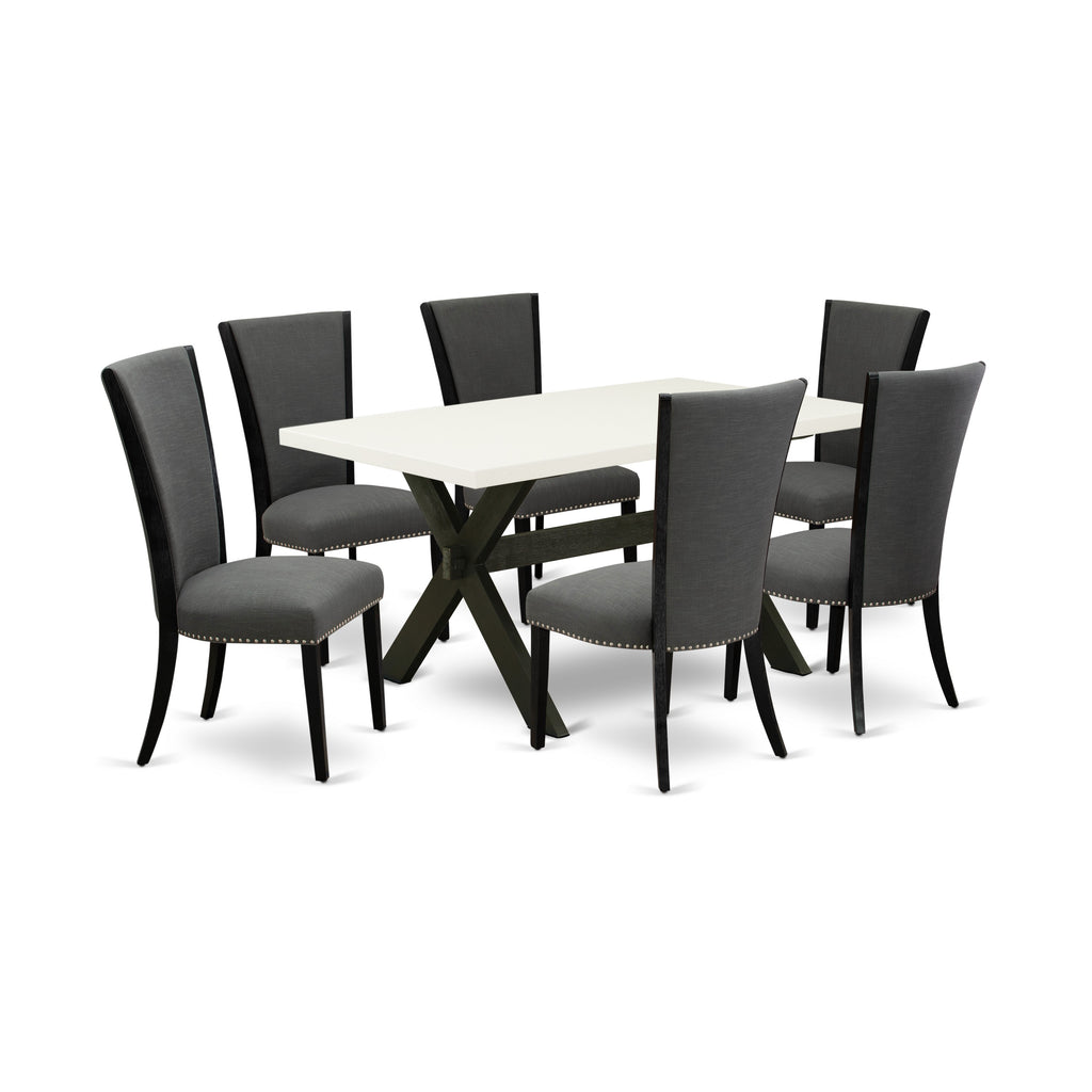X676VE650-7 7Pc Dining Set - 36x60" Rectangular Table and 6 Parson Chairs - Wirebrushed Black & Distressed Jacobean Color