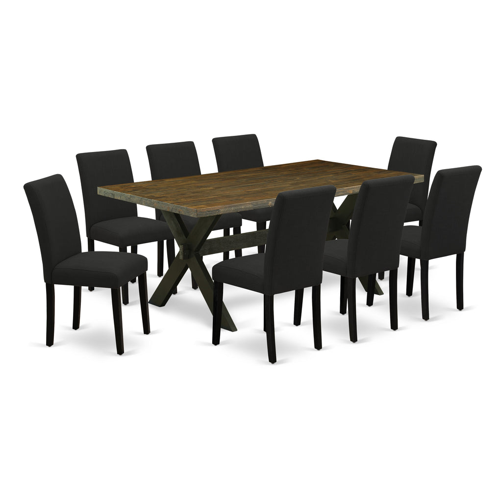 East West Furniture X677AB624-9 9 Piece Dining Table Set Includes a Rectangle Kitchen Table with X-Legs and 8 Black Color Linen Fabric Parson Dining Room Chairs, 40x72 Inch, Multi-Color