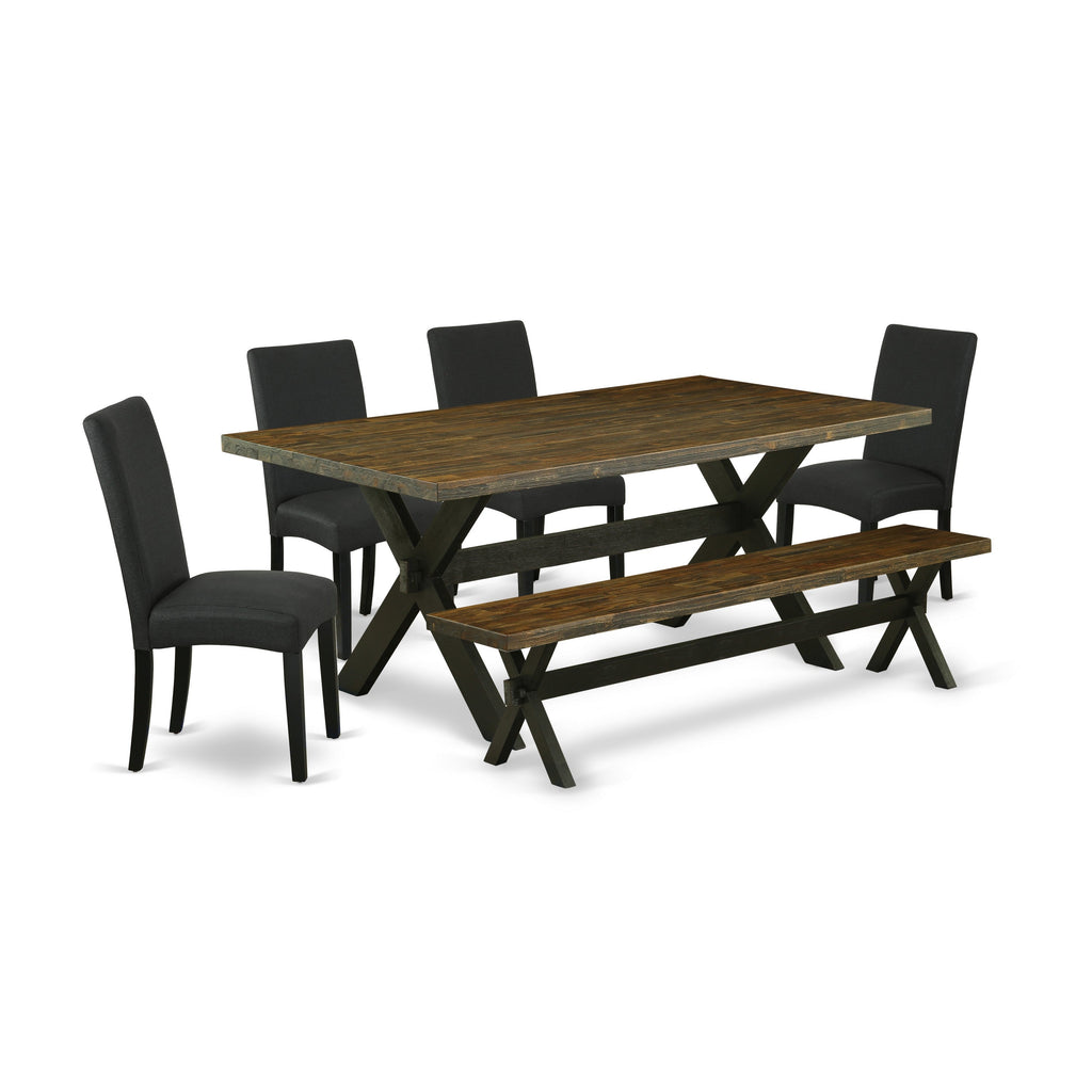 East West Furniture X677DR124-6 6 Piece Dining Set Contains a Rectangle Dining Room Table with X-Legs and 4 Black Color Linen Fabric Upholstered Chairs with a Bench, 40x72 Inch, Multi-Color