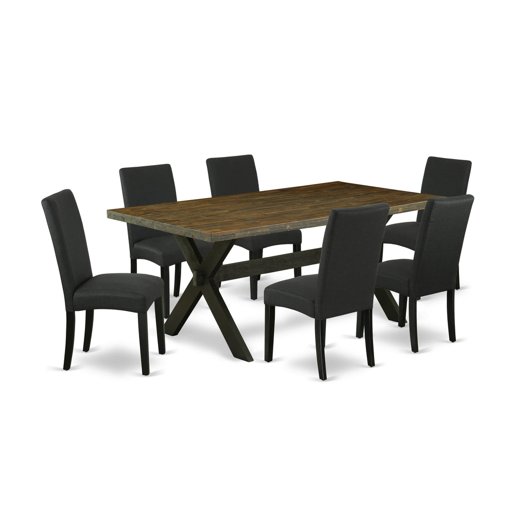 East West Furniture X677DR124-7 7 Piece Dining Room Furniture Set Consist of a Rectangle Dining Table with X-Legs and 6 Black Color Linen Fabric Upholstered Chairs, 40x72 Inch, Multi-Color