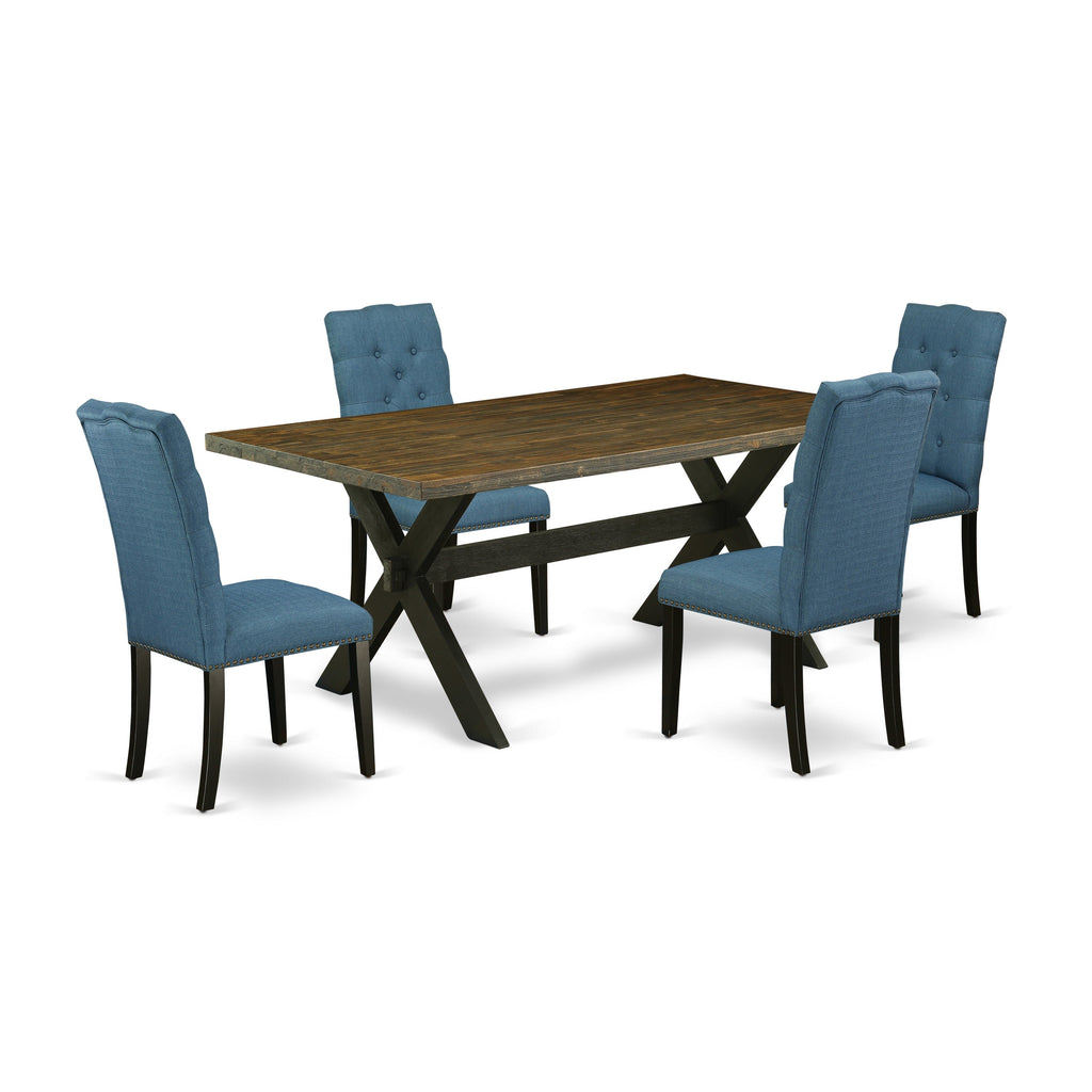 East West Furniture X677EL121-5 5 Piece Modern Dining Table Set Includes a Rectangle Wooden Table with X-Legs and 4 Blue Linen Fabric Upholstered Chairs, 40x72 Inch, Multi-Color