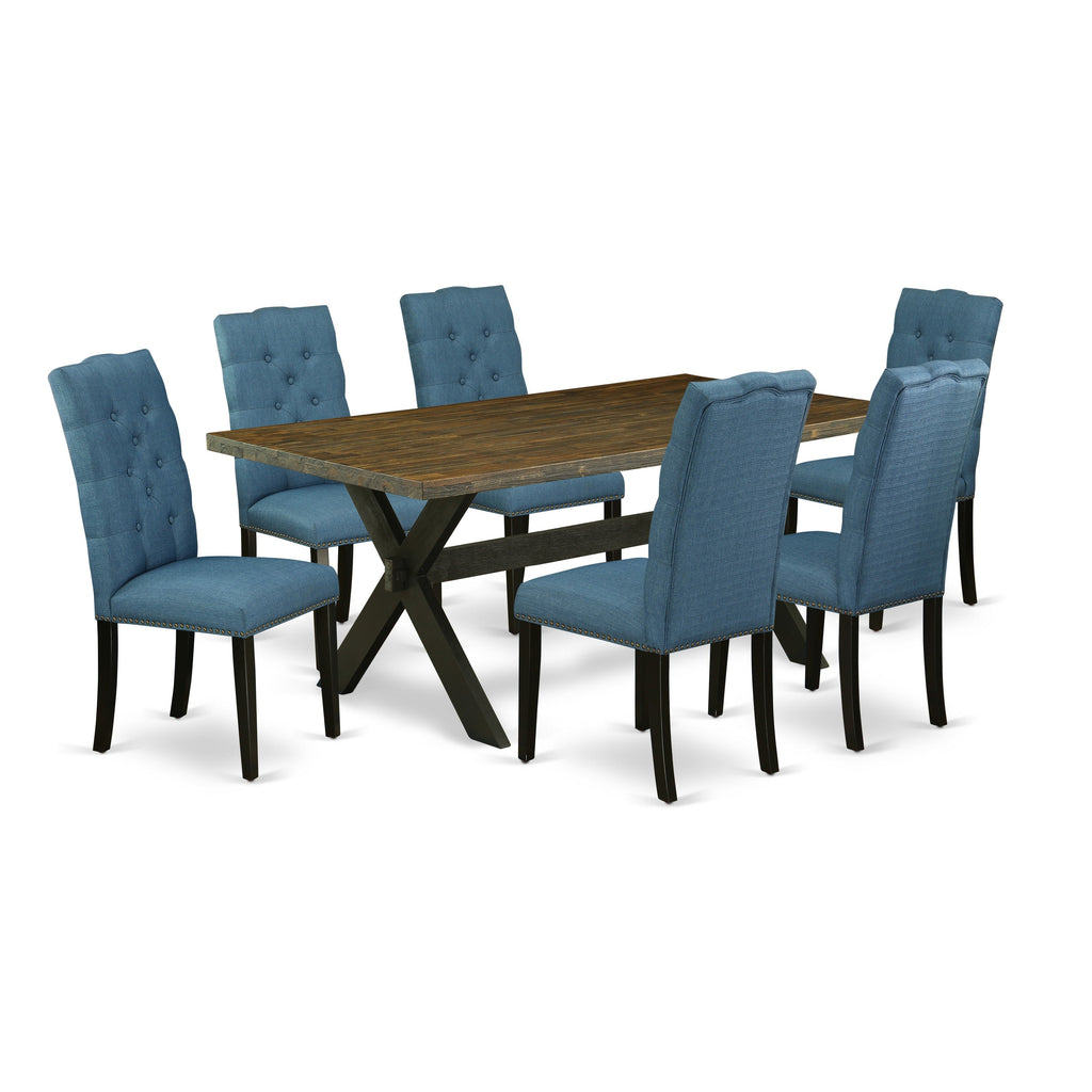 East West Furniture X677EL121-7 7 Piece Dining Table Set Consist of a Rectangle Dining Room Table with X-Legs and 6 Blue Linen Fabric Upholstered Parson Chairs, 40x72 Inch, Multi-Color