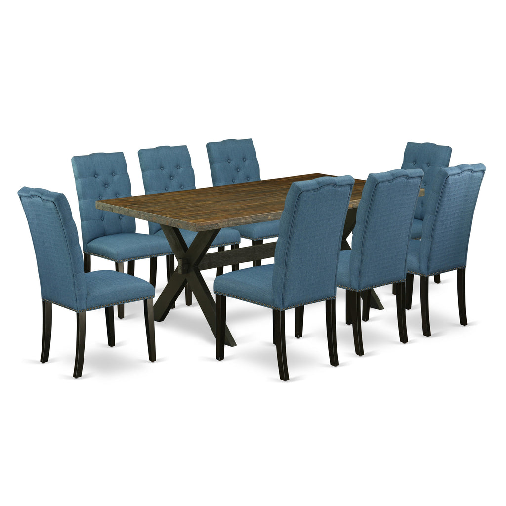 East West Furniture X677EL121-9 9 Piece Modern Dining Table Set Includes a Rectangle Wooden Table with X-Legs and 8 Blue Linen Fabric Parson Dining Room Chairs, 40x72 Inch, Multi-Color