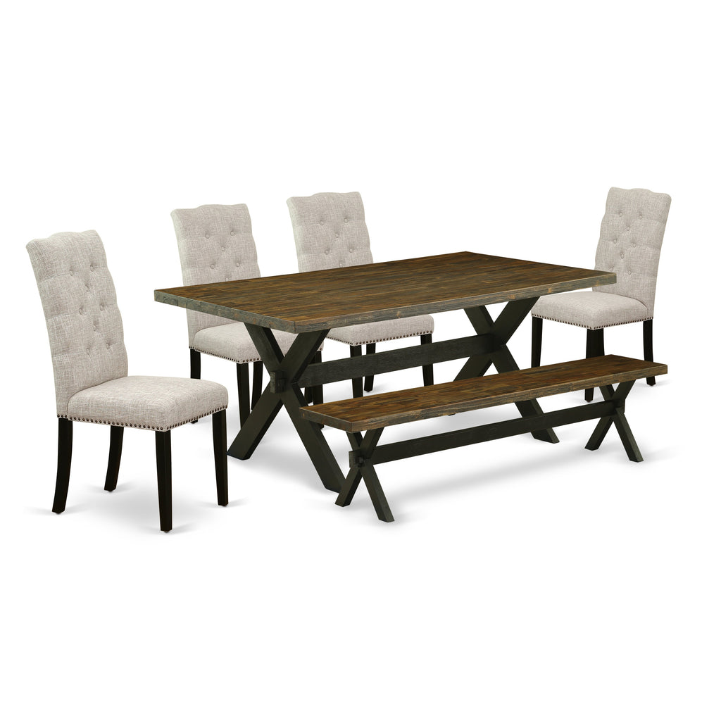 East West Furniture X677EL635-6 6 Piece Dining Room Set Contains a Rectangle Dining Table with X-Legs and 4 Doeskin Linen Fabric Parson Chairs with a Bench, 40x72 Inch, Multi-Color