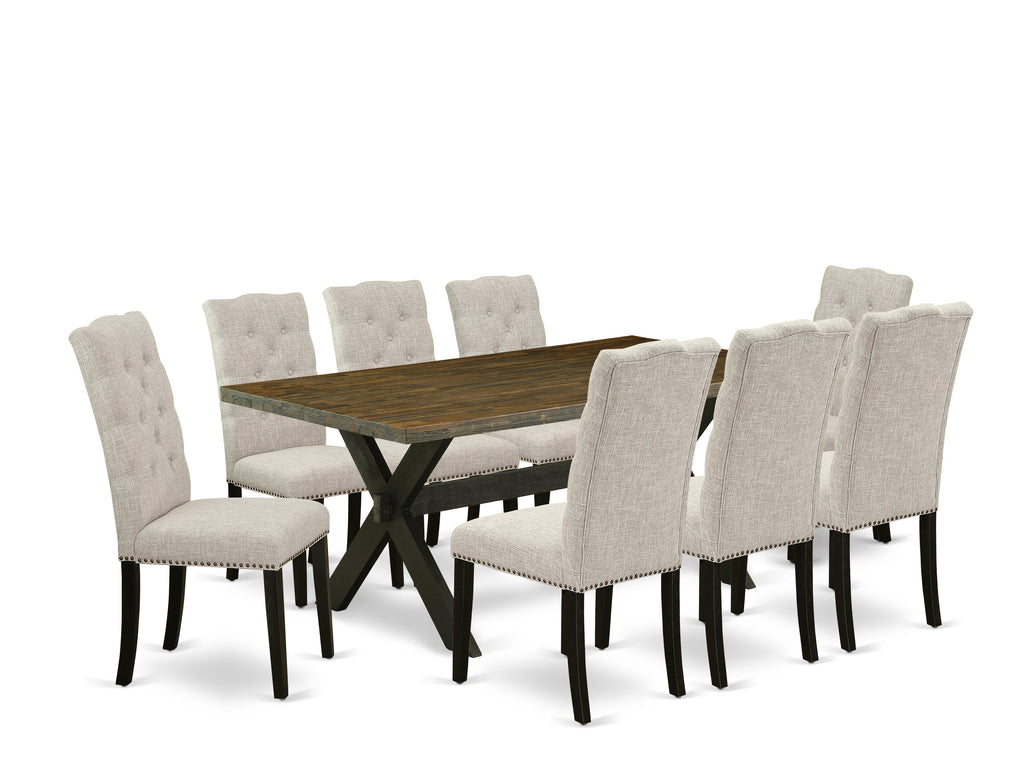 East West Furniture X677EL635-9 9 Piece Dining Set Includes a Rectangle Dining Room Table with X-Legs and 8 Doeskin Linen Fabric Upholstered Parson Chairs, 40x72 Inch, Multi-Color