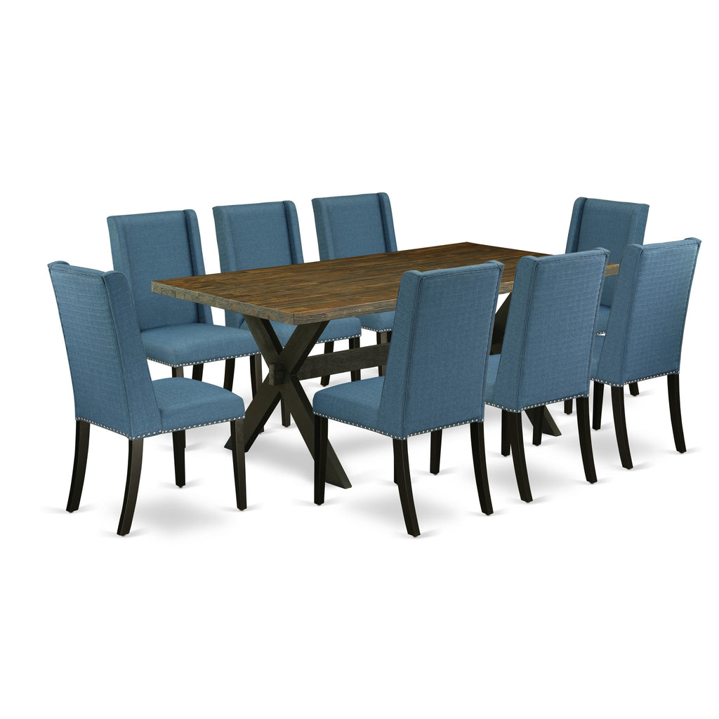 East West Furniture X677FL121-9 9 Piece Dining Room Furniture Set Includes a Rectangle Dining Table with X-Legs and 8 Blue Linen Fabric Upholstered Chairs, 40x72 Inch, Multi-Color