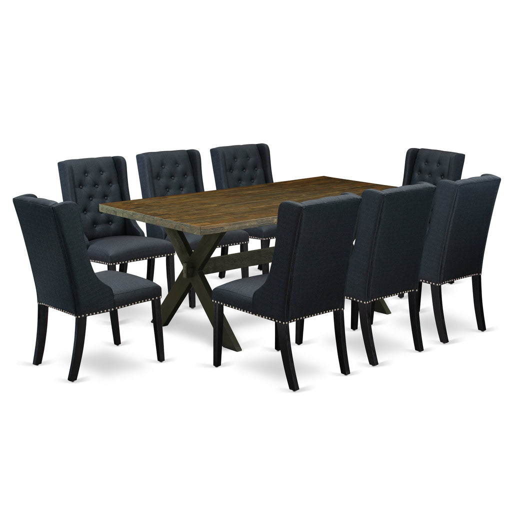 East West Furniture X677FO624-9 9 Piece Dining Set Includes a Rectangle Dining Room Table with X-Legs and 8 Black Linen Fabric Upholstered Chairs, 40x72 Inch, Multi-Color