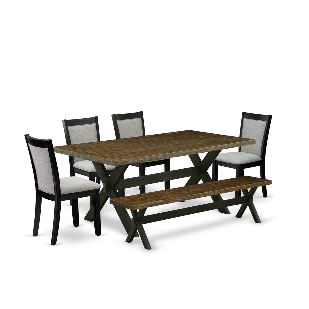 East West Furniture X677MZ606-6 6 Piece Dinette Set Contains a Rectangle Dining Table with X-Legs and 4 Shitake Linen Fabric Parson Chairs with a Bench, 40x72 Inch, Multi-Color