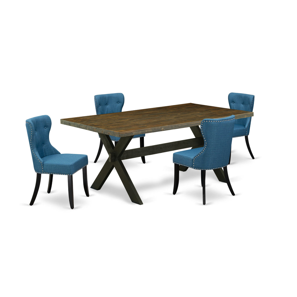 East West Furniture X677SI121-5 5 Piece Dining Table Set for 4 Includes a Rectangle Kitchen Table with X-Legs and 4 Blue Linen Fabric Parson Dining Chairs, 40x72 Inch, Multi-Color