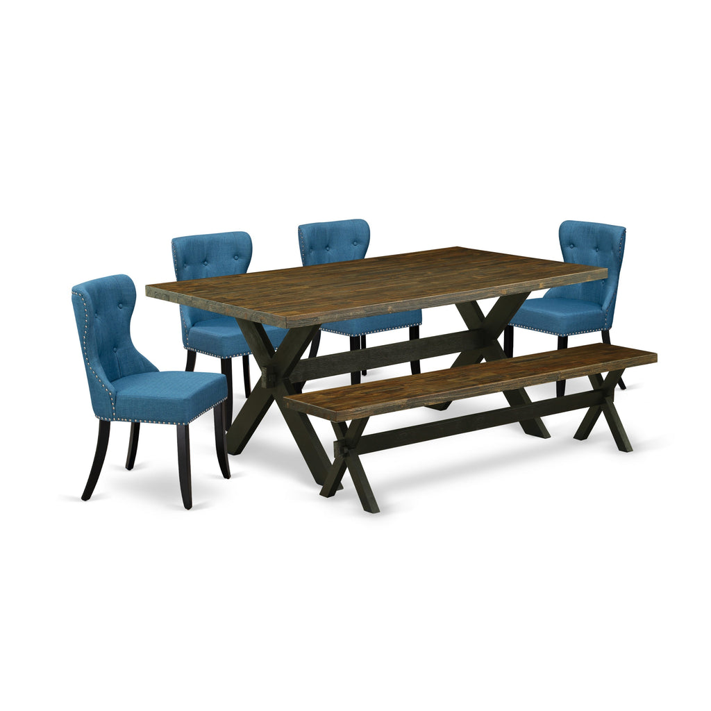 East West Furniture X677SI121-6 6 Piece Dining Set Contains a Rectangle Dining Room Table with X-Legs and 4 Blue Linen Fabric Parson Chairs with a Bench, 40x72 Inch, Multi-Color