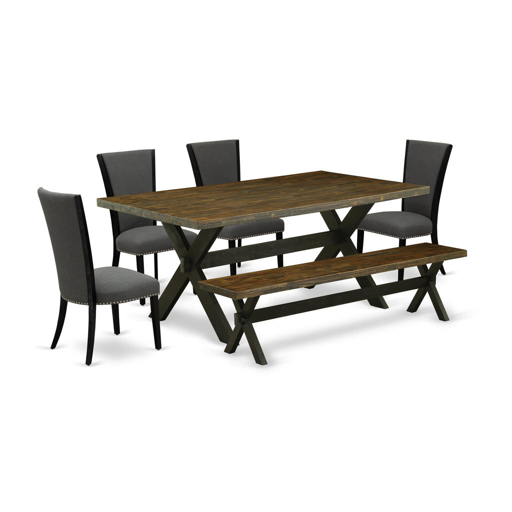 East West Furniture X677VE650-6 6 Piece Dining Table Set Contains a Rectangle Kitchen Table with X-Legs and 4 Dark Gotham Linen Fabric Parson Chairs with a Bench, 40x72 Inch, Multi-Color