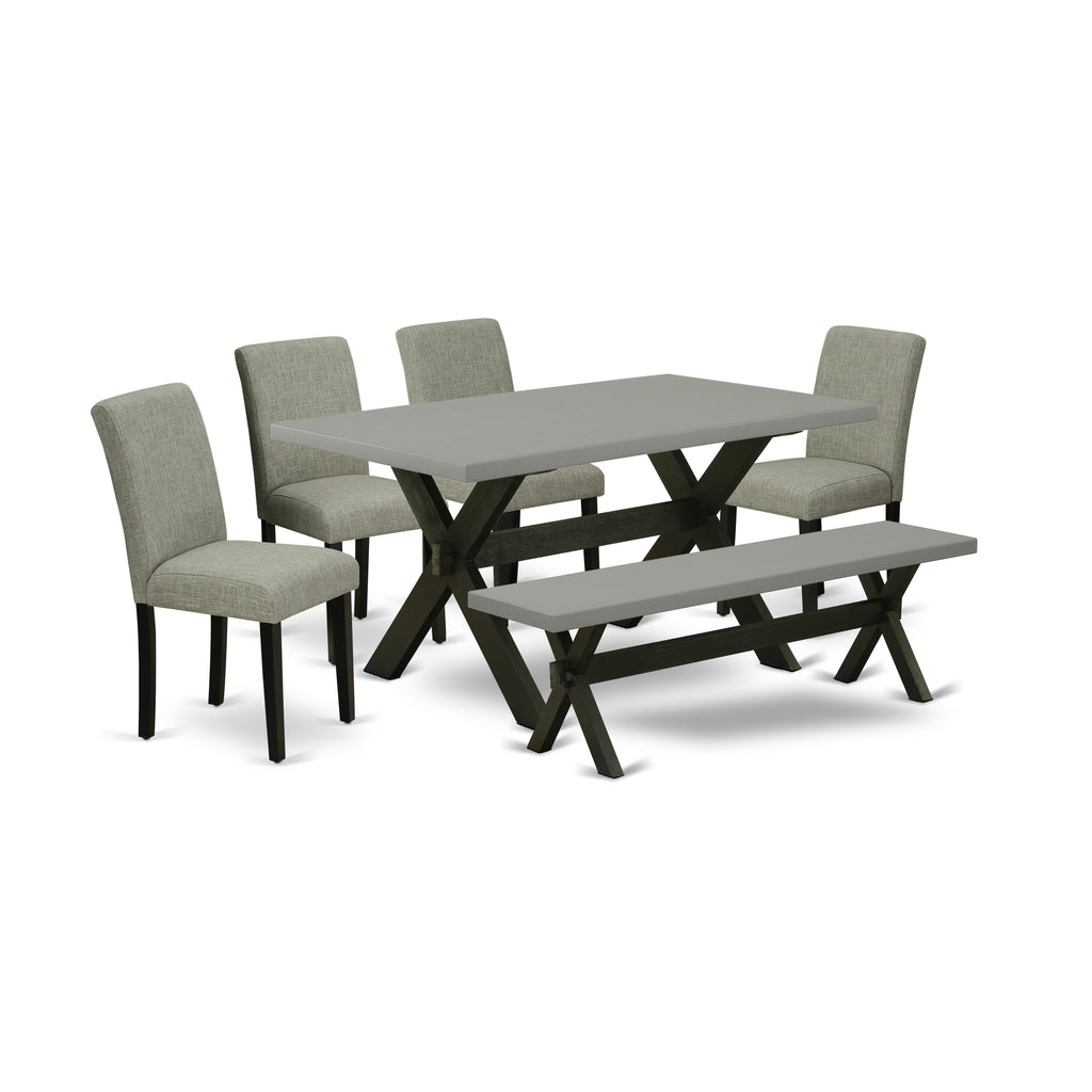 East West Furniture X696AB106-6 6 Piece Dining Room Set Contains a Rectangle Dining Table with X-Legs and 4 Shitake Linen Fabric Parson Chairs with a Bench, 36x60 Inch, Multi-Color