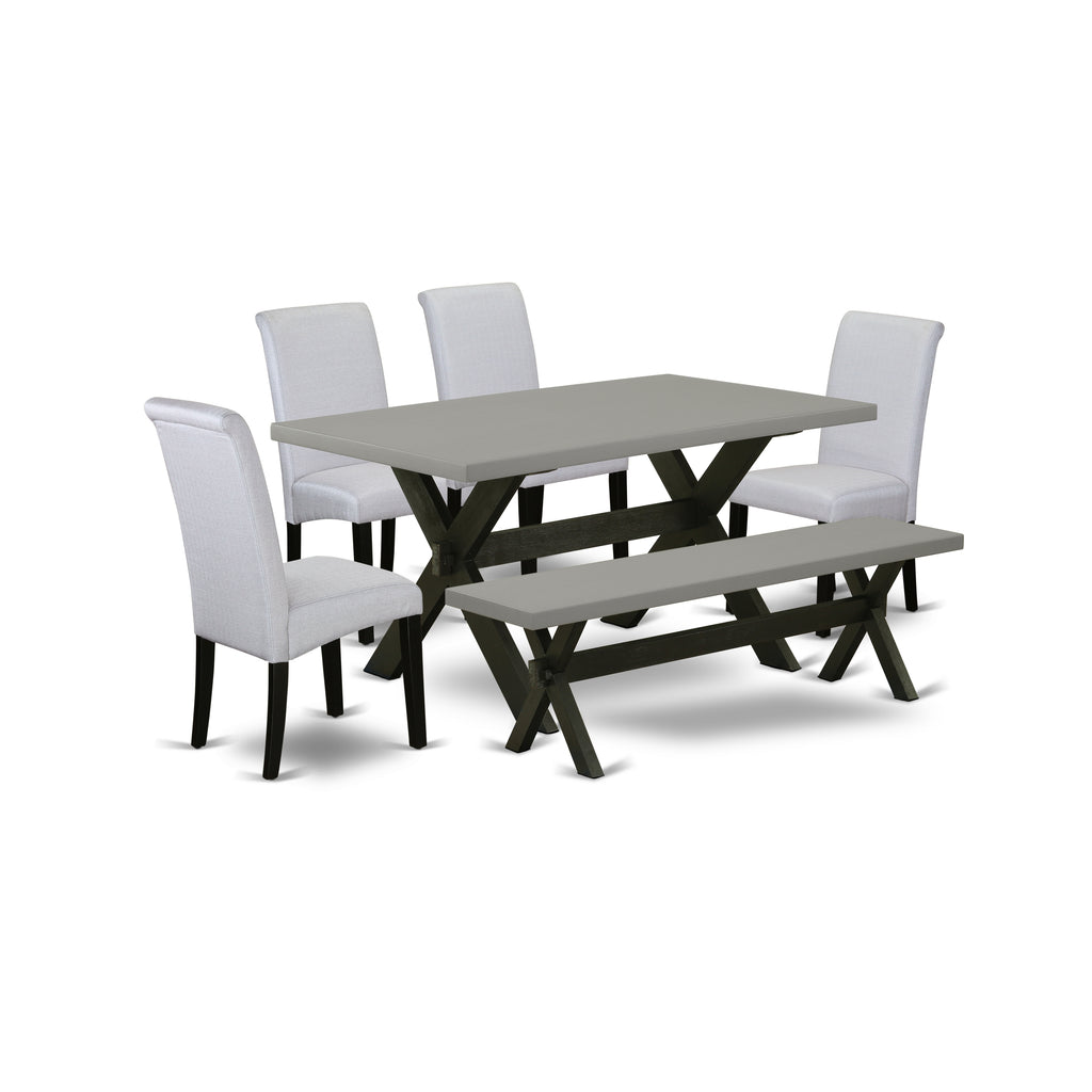 X696BA105-6 6Pc Dining Set - 36x60" Rectangular Table, 4 Parson Chairs and a Bench - Wirebrushed Black & Cement Color