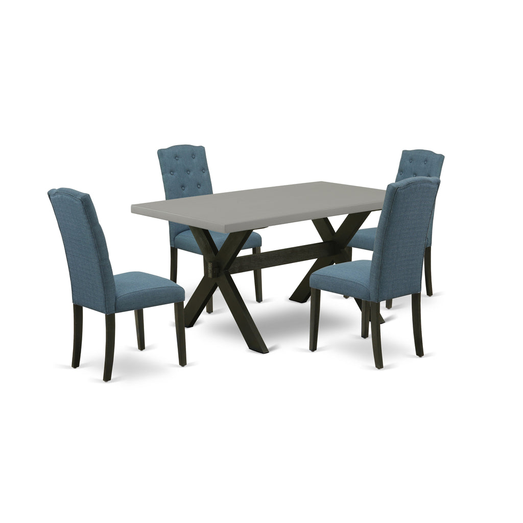 East West Furniture X696CE121-5 5 Piece Dining Room Table Set Includes a Rectangle Kitchen Table with X-Legs and 4 Mineral Blue Linen Fabric Parson Dining Chairs, 36x60 Inch, Multi-Color