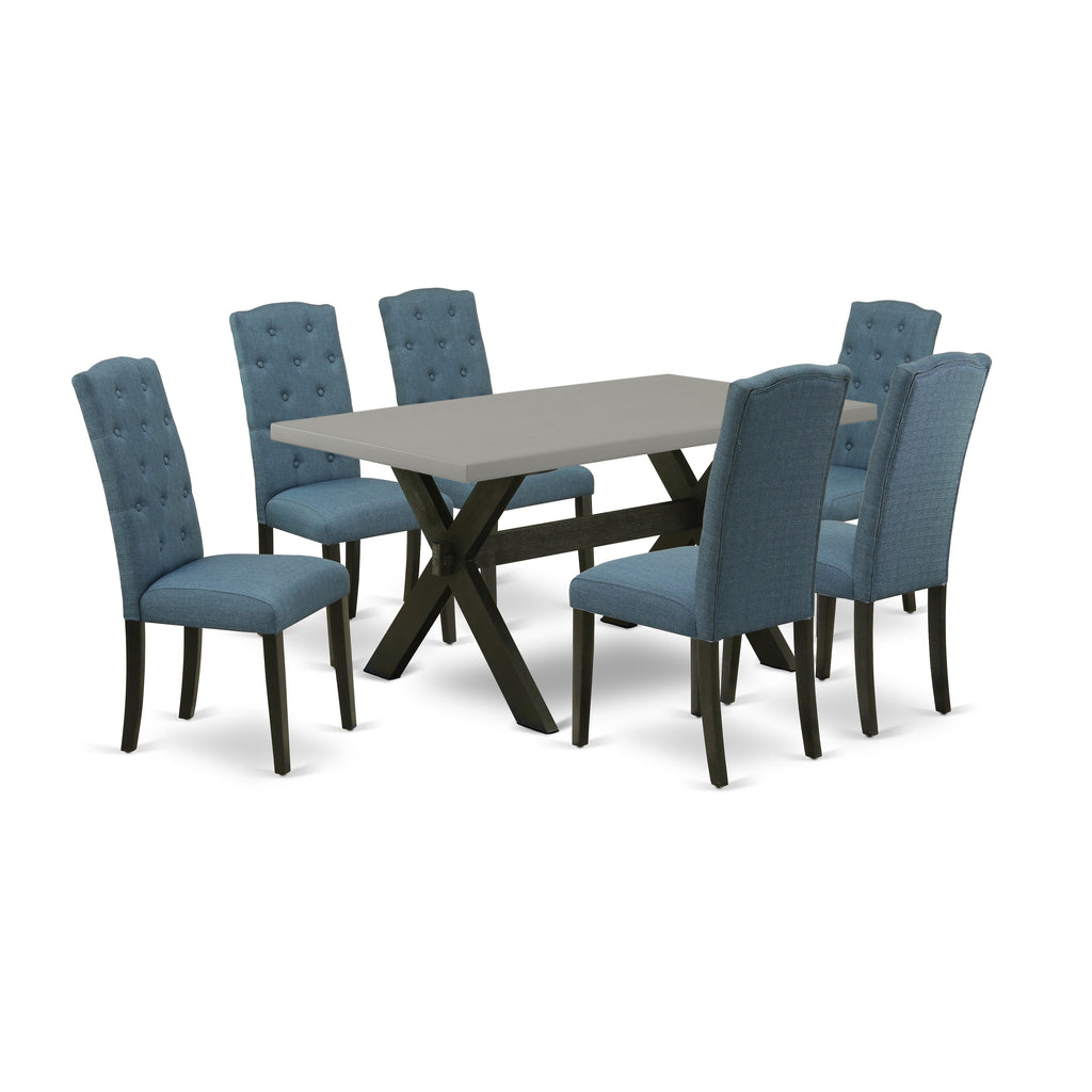 East West Furniture X696CE121-7 7 Piece Dinette Set Consist of a Rectangle Dining Room Table with X-Legs and 6 Mineral Blue Linen Fabric Upholstered Chairs, 36x60 Inch, Multi-Color