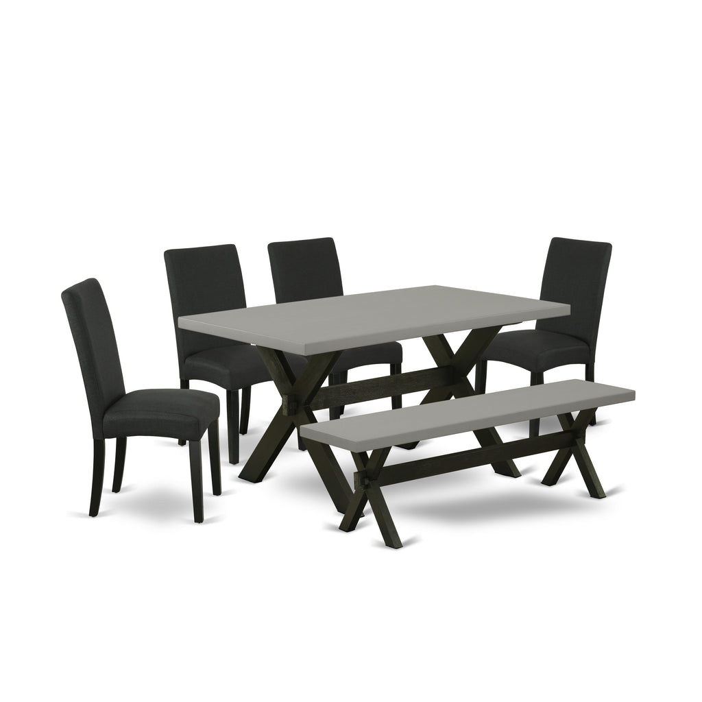 East West Furniture X696DR124-6 6 Piece Dining Set Contains a Rectangle Dining Room Table with X-Legs and 4 Black Color Linen Fabric Parson Chairs with a Bench, 36x60 Inch, Multi-Color