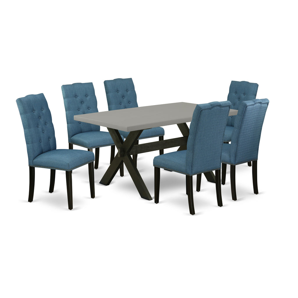 East West Furniture X696EL121-7 7 Piece Dining Room Furniture Set Consist of a Rectangle Dining Table with X-Legs and 6 Blue Linen Fabric Upholstered Chairs, 36x60 Inch, Multi-Color