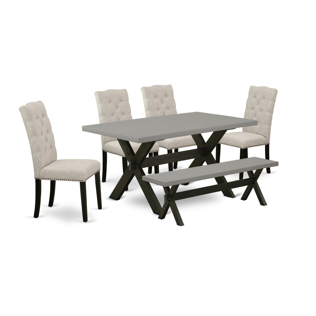 East West Furniture X696EL635-6 6 Piece Dining Room Set Contains a Rectangle Dining Table with X-Legs and 4 Doeskin Linen Fabric Parson Chairs with a Bench, 36x60 Inch, Multi-Color
