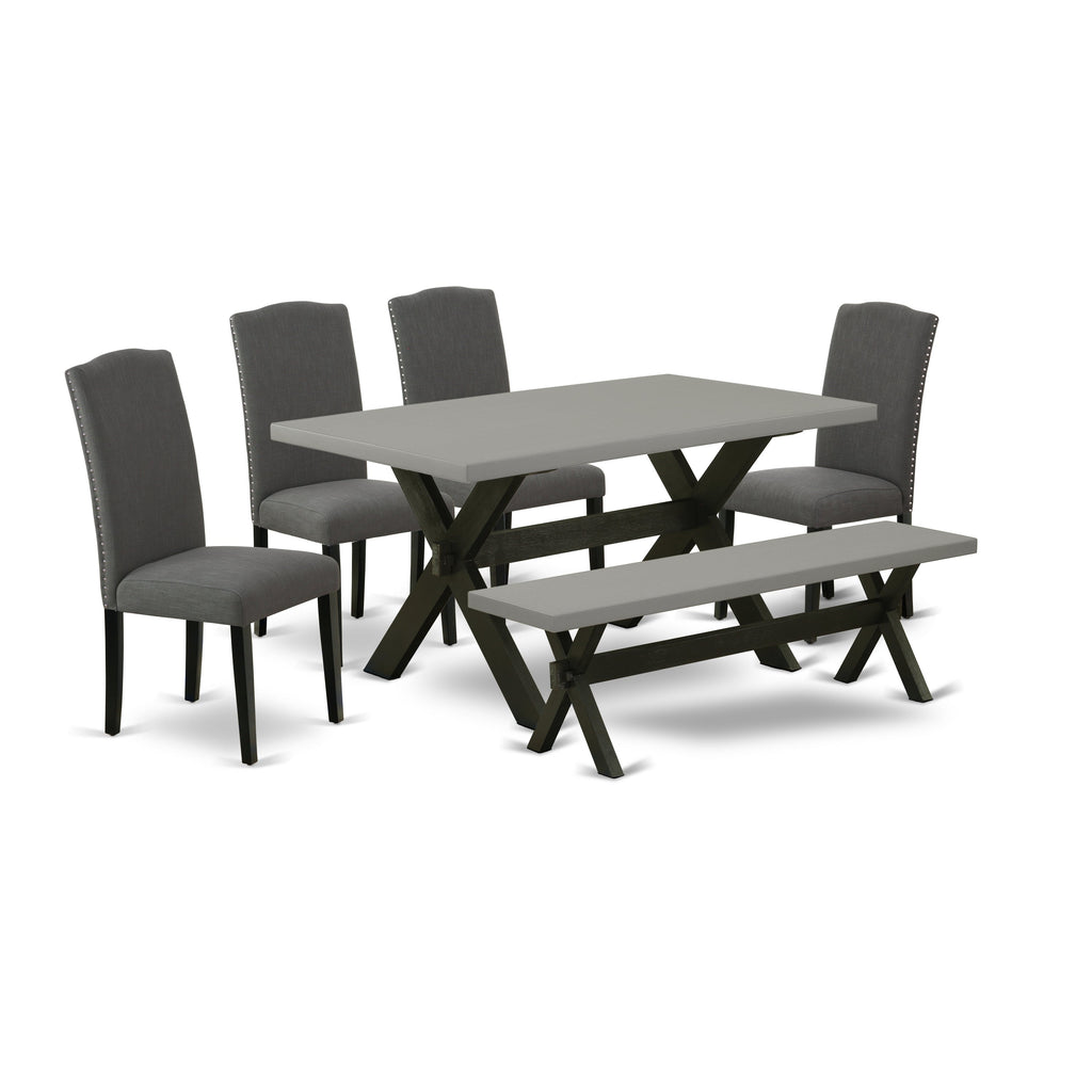 East West Furniture X696EN120-6 6 Piece Dining Table Set Contains a Rectangle Kitchen Table with X-Legs and 4 Dark Gotham Linen Fabric Parson Chairs with a Bench, 36x60 Inch, Multi-Color