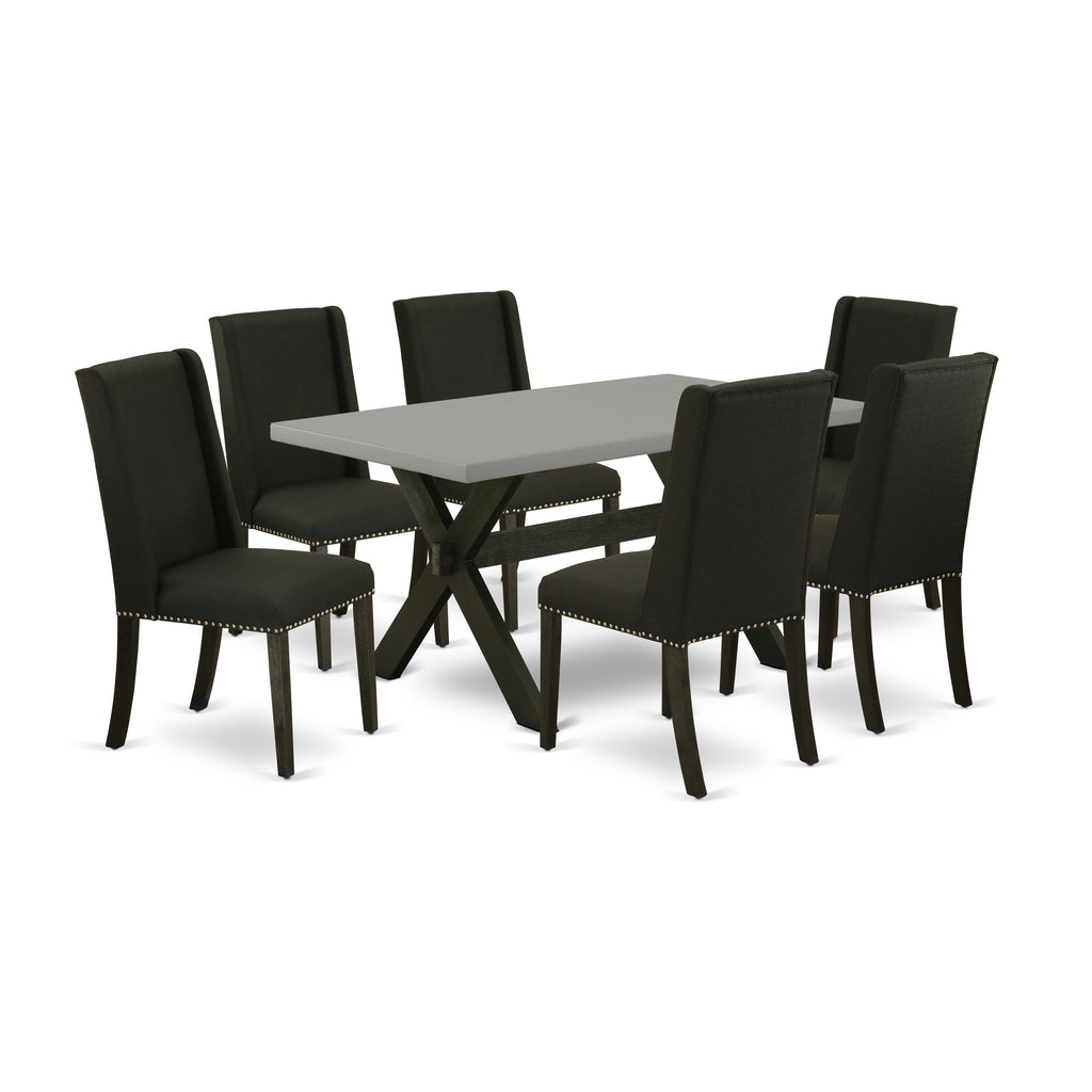 East West Furniture X696FL624-7 7 Piece Modern Dining Table Set Consist of a Rectangle Dining Room Table with X-Legs and 6 Black Linen Fabric Upholstered Chairs, 36x60 Inch, Multi-Color
