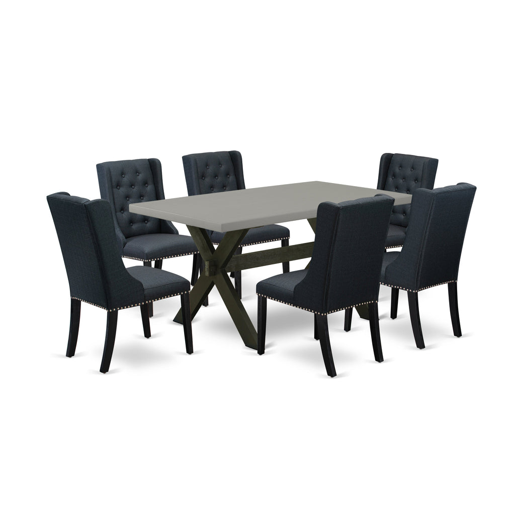 East West Furniture X696FO624-7 7 Piece Dining Room Furniture Set Consist of a Rectangle Dining Table with X-Legs and 6 Black Linen Fabric Upholstered Chairs, 36x60 Inch, Multi-Color