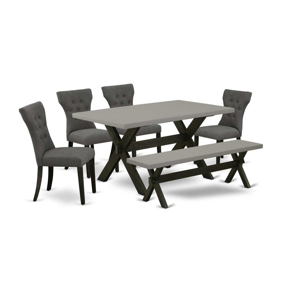 East West Furniture X696GA650-6 6 Piece Dining Set Contains a Rectangle Dining Room Table with X-Legs and 4 Dark Gotham Linen Fabric Parson Chairs with a Bench, 36x60 Inch, Multi-Color