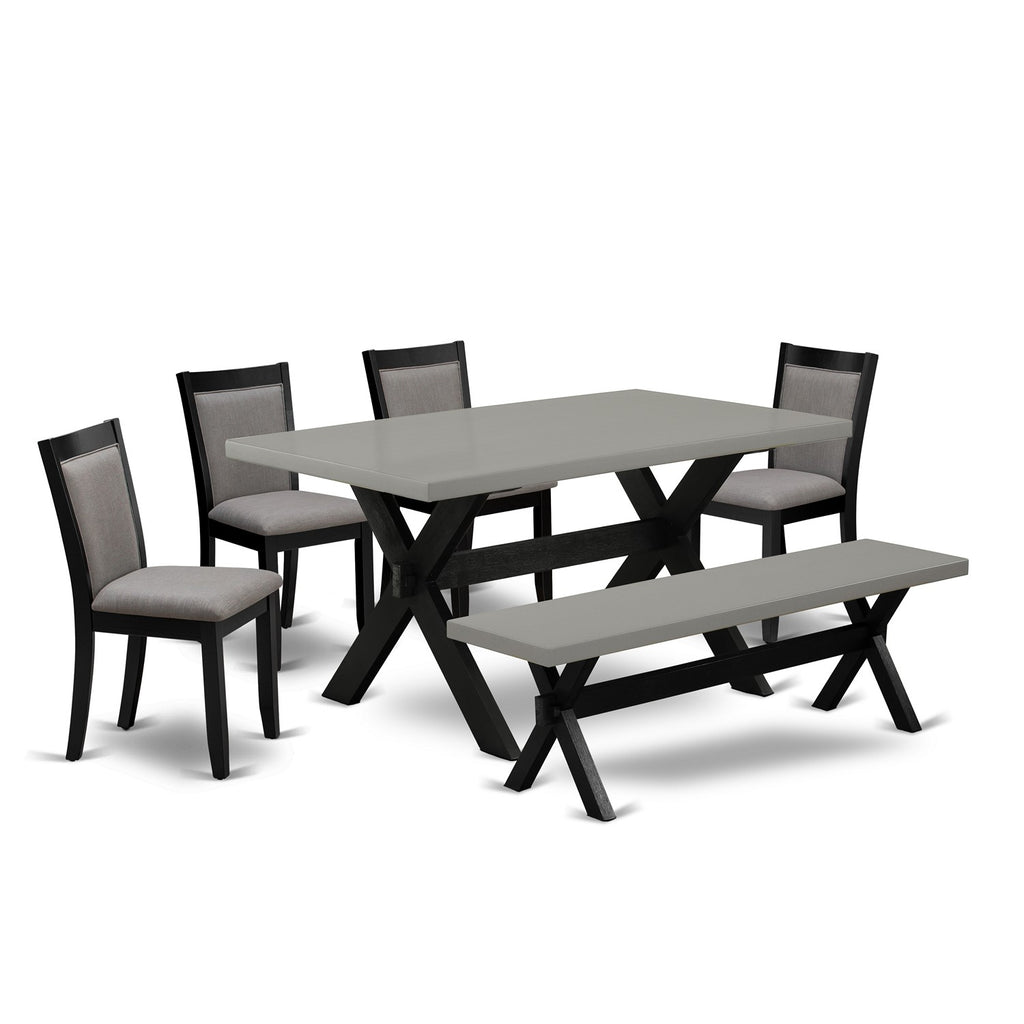 X696MZ150-6 6Pc Dining Room Set - 36x60" Rectangular Table, 4 Parson Chairs and a Bench - Wirebrushed Black & Cement Color