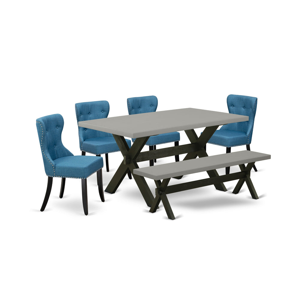 East West Furniture X696SI121-6 6 Piece Kitchen Table Set Contains a Rectangle Dining Table with X-Legs and 4 Blue Linen Fabric Parson Chairs with a Bench, 36x60 Inch, Multi-Color
