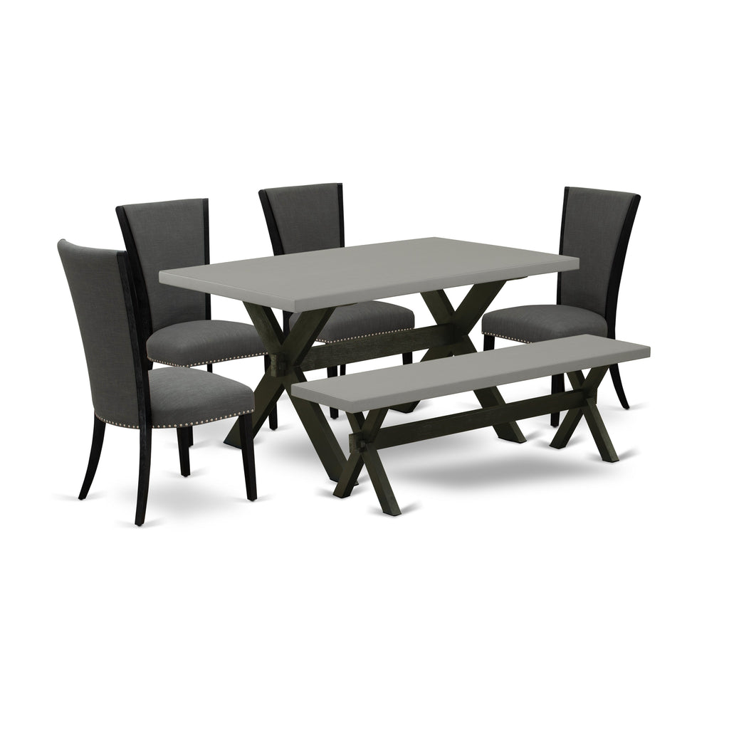 East West Furniture X696VE650-6 6 Piece Kitchen Table & Chairs Set Contains a Rectangle Dining Room Table and 4 Dark Gotham Linen Fabric Parson Chairs with a Bench, 36x60 Inch, Multi-Color