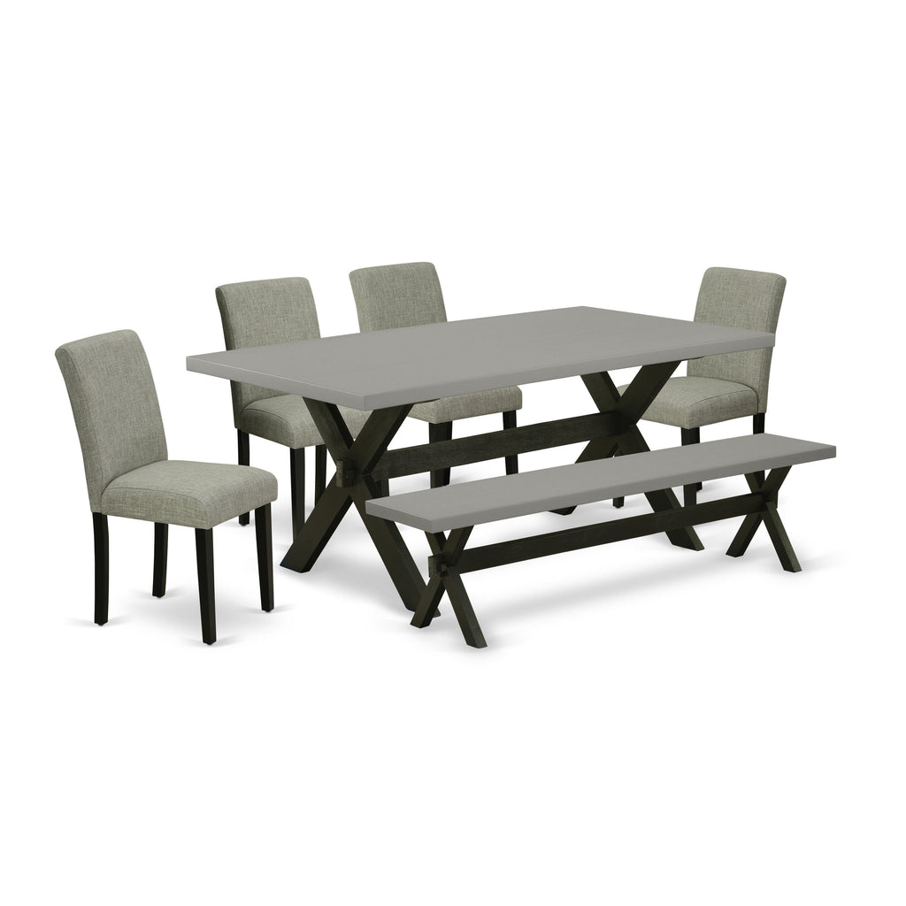 East West Furniture X697AB106-6 6 Piece Dinette Set Contains a Rectangle Dining Table with X-Legs and 4 Shitake Linen Fabric Parson Chairs with a Bench, 40x72 Inch, Multi-Color