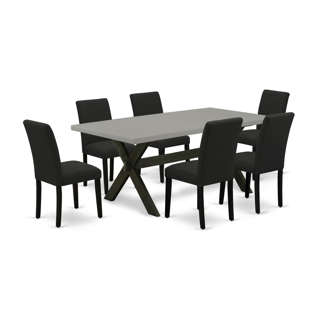 East West Furniture X697AB624-7 7 Piece Modern Dining Table Set Consist of a Rectangle Wooden Table with X-Legs and 6 Black Color Linen Fabric Upholstered Chairs, 40x72 Inch, Multi-Color